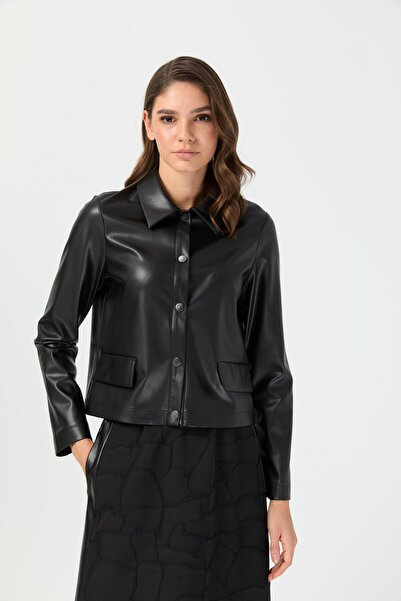 Esswaap Jakar Etekli Taş İşlemeli Deri Ceketli Takım Siyah