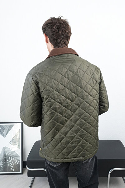 İLKCET MODA Khaki Men's Jacket with Diamond Pattern Collar Detail