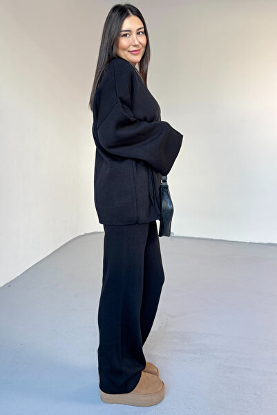 Cappmoda Tkm-7206 Black Steel Knitted Oversize Cardigan & High Waist Pants Two-Piece Knitwear Set