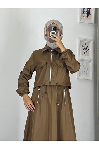 Esre Store 0903 - Set de hijab dublu din material textil Bondit, maro -c 9