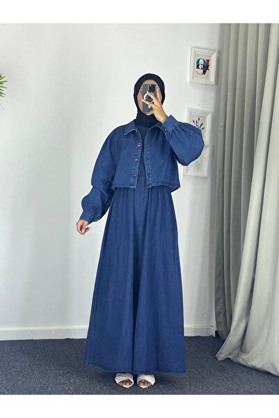 Esre Store 0831 - Kot Kumaş İkili Tesettür Takım Mavi