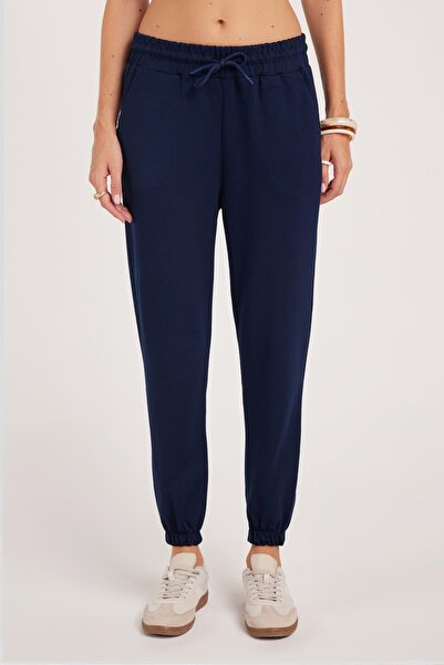 Tudors Women's Relax Fit Comfortable Cut Modal Fabric Tie-Waist Elastic Jogger Navy Blue Trousers