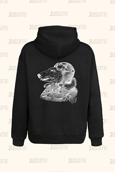 Justime Design Linear Bear Back Print Unisex Black Pocket Hooded Sweatshirt -...