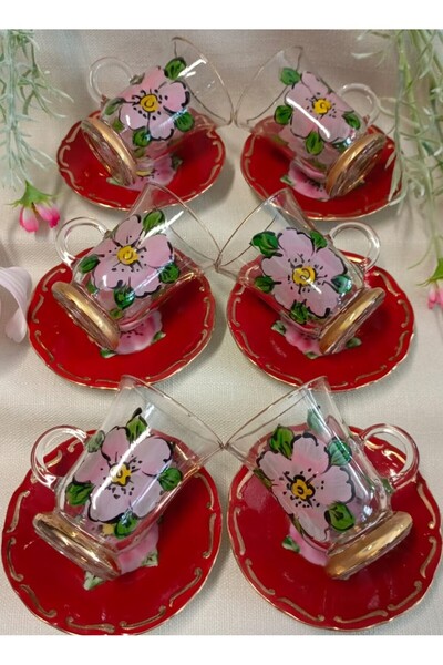BY.RAYKA PORSELEN El Dekor Porcelain El Decor Painting 6-Piece Tea Cup Set