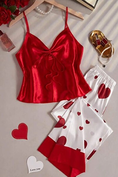 Nana & Mayka Moda Kadın Kalp Desenli Saten Pijama Takımı – 2 Parça Askılı, Uzun Alt Gecelik Takım