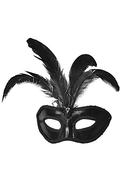 magicool Black Color Patent Leather Covered Black Feather Party Mask 18X20 cm