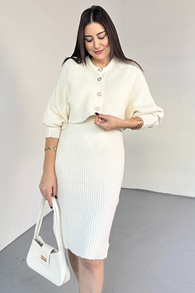 Cappmoda Tkm-9049 Ecru Soft Textured Buttoned Cardigan & Dress Two-Piece Knitwear Set