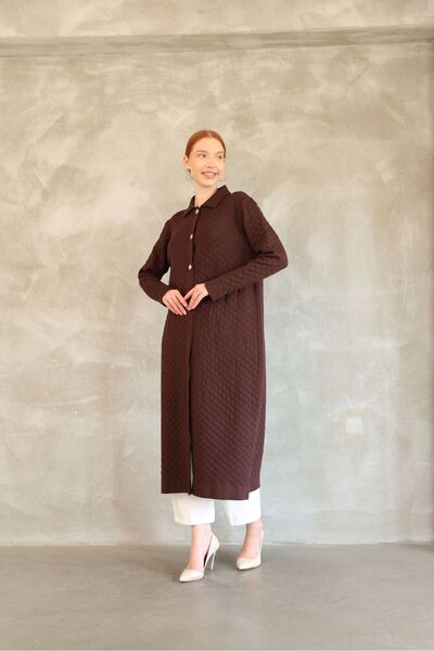 QUAWEAR Shirt Collar Metal Buttoned Steel Knitted Stretch Mercerized Fabric Full Length Cardigan