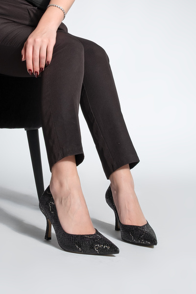Marjin Women's Stiletto Pointed Toe Snake Pattern Heeled Shoes Tosey Black Snake