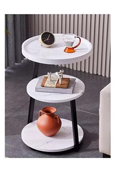 Crestj Round Coffee Table with 3 Shelves Made of Wood and Metal - White