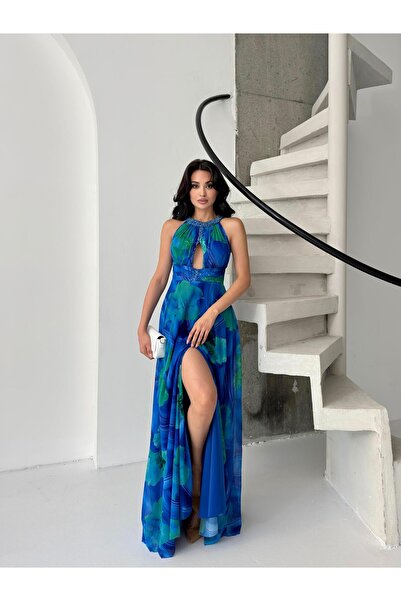 Serica Moda Βραδινό φόρεμα σιφόν με μπλε σχέδιο με λαιμόκοψη