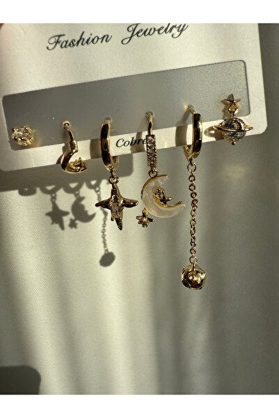 LUSORA ACCESORY Women's Gold Color Asymmetrical Figured 6-Piece Earring Set