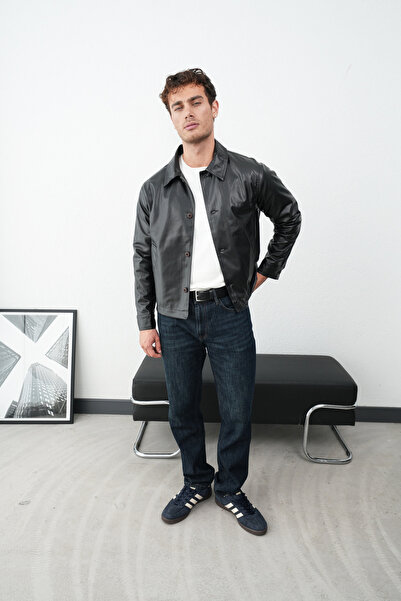 İLKCET MODA Коротка легка чоловіча шкіряна куртка з ґудзиками