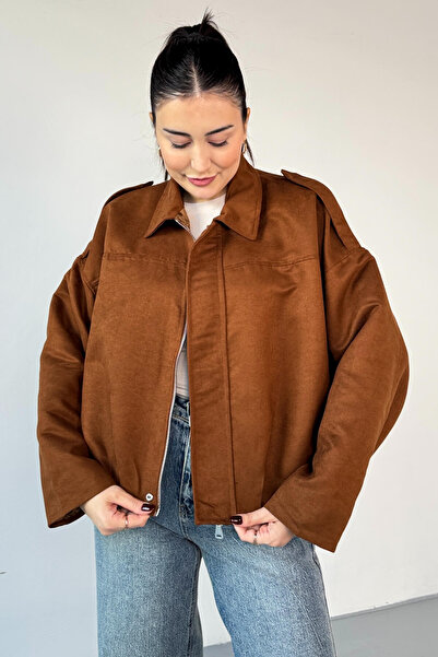 Cappmoda Ckt-12464 Tan Epauletted Lined Nubuck Oversize Jacket