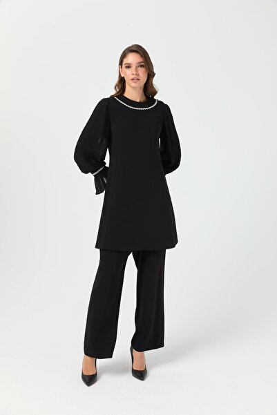 Esswaap Kolları Piliseli Pantolonlu Takım Siyah