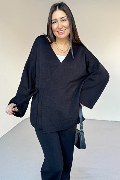 Cappmoda Tkm-7206 Black Steel Knitted Oversize Cardigan & High Waist Pants Two-Piece Knitwear Set