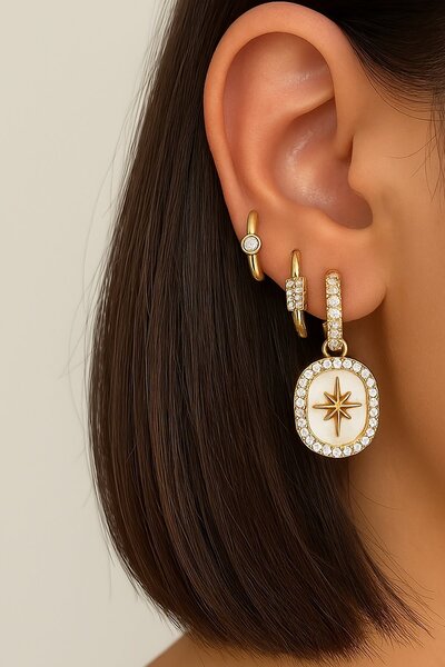 TAKIŞTIR مجموعة أقراط YSX مكونة من 3 قطع مع تفاصيل حجرية ذهبية اللون