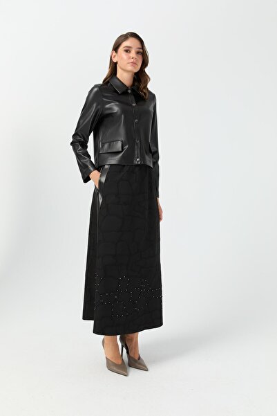 Esswaap Jakar Etekli Taş İşlemeli Deri Ceketli Takım Siyah