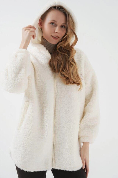 hazelin Women's Ecru Zippered Faux Wool Lined Hooded Plush Jacket Hzl25W-Bd152071