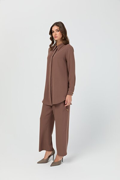 Esswaap Yandan Büzgü Detaylı Pantolonlu Takım Taba