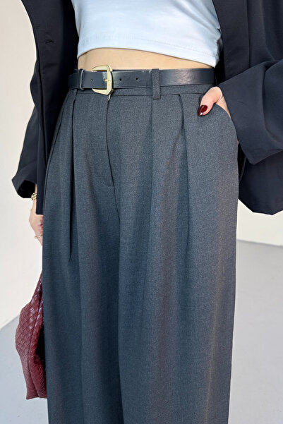 Cappmoda Pnt-07421 Smoked Pleated Belted Cotton Polyviscose Fabric Trousers