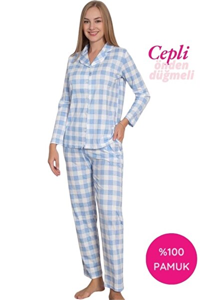 ALİMER Women's Plaid Pattern Shirt Collar Buttoned Front 100% Cotton Combed Seasonal Long Sleeve Pocketed Pajama Set