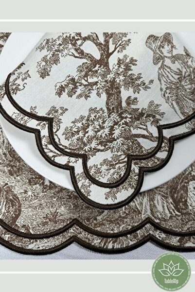 Table Alp Toile de Jouy Kahverengi Nakışlı Amerikan Servis Takımı |12 Parça | Lüks Yemek Masası Takımı