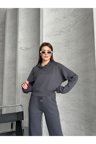 FERZOLAİO Hooded Anthracite Crop Tracksuit Set