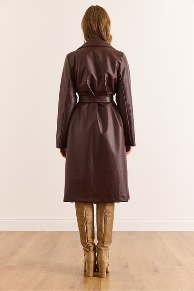 Olalook Women's Burgundy Belted Pocketed Lined Leather Trench Coat Trc-00000009