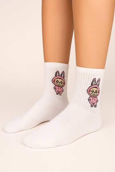 shefox 6 Pairs of Women's Labubu Embroidered Cotton Lycra College Socks