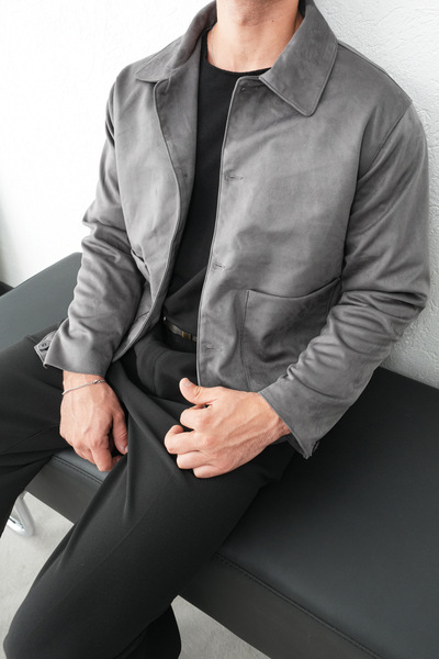 İLKCET MODA Seasonal Suede Anthracite Short Men's Jacket