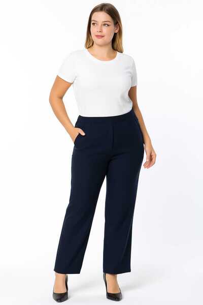 Şans Women's Plus Size Navy Blue, Waist Complete Elastic Pocket Fabric Pants 65N38733