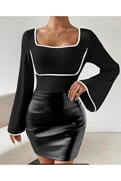 DazzUp بلوزة نسائية ذات ياقة مربعة وأكمام إسبانية من قماش السمكة