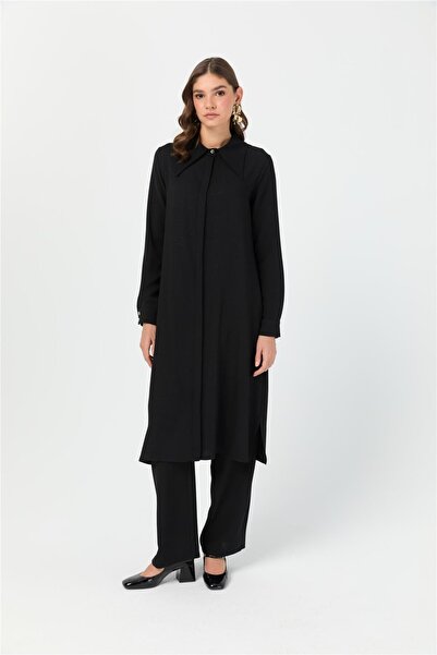 Esswaap Çizgi Detaylı Geniş Yakalı Şık Tunik Siyah