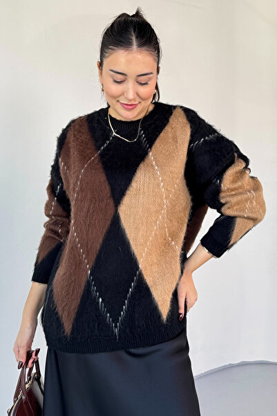 Cappmoda Trk-3544 Black Color Block Bearded Oversize Knitwear Sweater