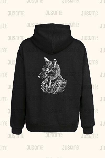 Justime Design Linear Fox Back Print Unisex Black Pocket Hooded Sweatshirt - ...