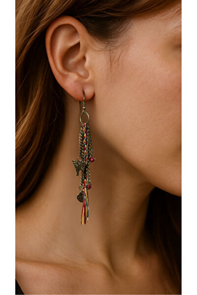 Derili Dükkan Bohem Etnik Tasarım Sallantılı Küpe – Metal Kelebek, Renkli Örg...