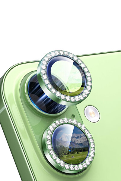 Evax (Taşlı) iPhone 17 Uyumlu Taşlı Yeşil Çerçeveli Kamera Lens Koruyucu