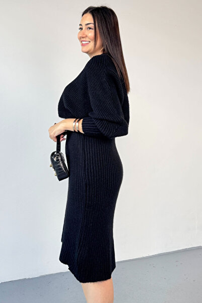 Cappmoda Tkm-9049 Black Soft Textured Buttoned Cardigan & Dress Two-Piece Knitwear Set