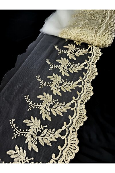 ALTAY AKSESUAR دانتيل فيستو أبيض خاص مع حواف مزخرفة بنمط أوراق ذهبية لامعة عل...