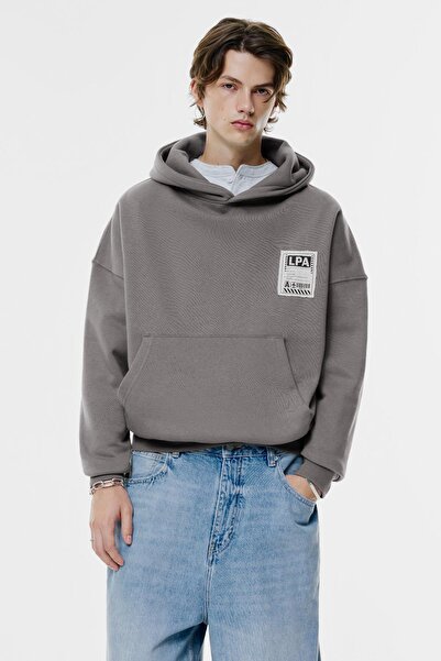 Pull & Bear Gri harita baskılı kapüşonlu sweatshirt