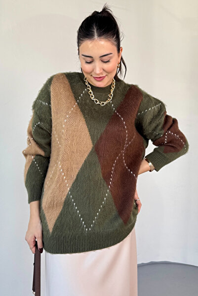 Cappmoda Trk-3544 Khaki Color Block Bearded Oversize Knit Sweater