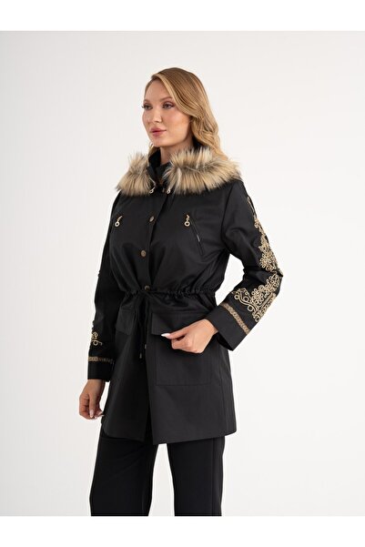 SERPİL Kürk Detaylı Kapüşonlu Nakışlı Kadın Mont 27312