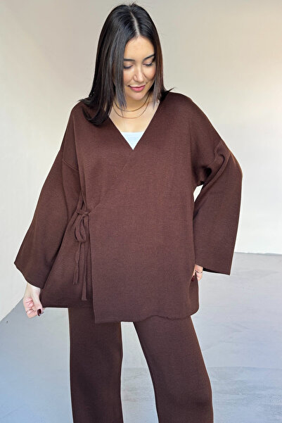 Cappmoda Tkm-7206 Brown Steel Knitted Oversize Cardigan & High Waist Pants Two-Piece Knitwear Set