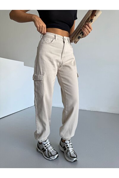 SHEVEGA Beige Black Cargo Pocket Elastic Waist Linen Pants