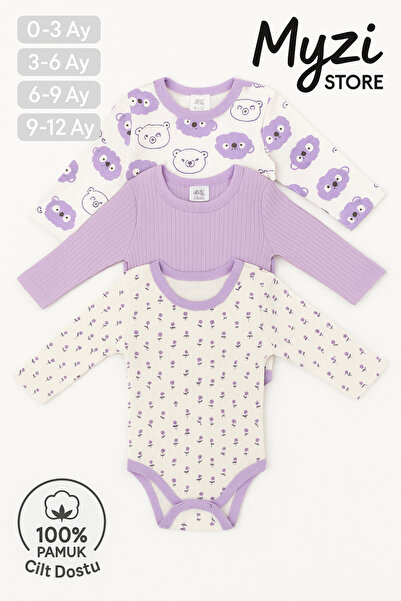 MYZİ STORE Yenidoğan Bebek Uzun Kollu Çıtçıtlı Body 3'lü %100 Pamuk Badi Zıbın
