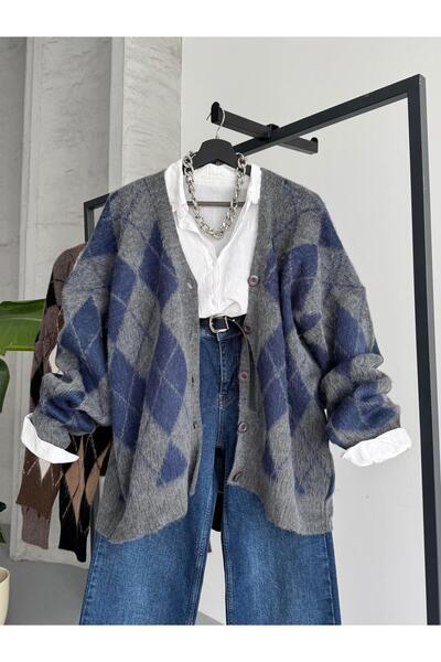 FERZOLAİO Plaid Patterned Bearded Gray Knitwear Cardigan