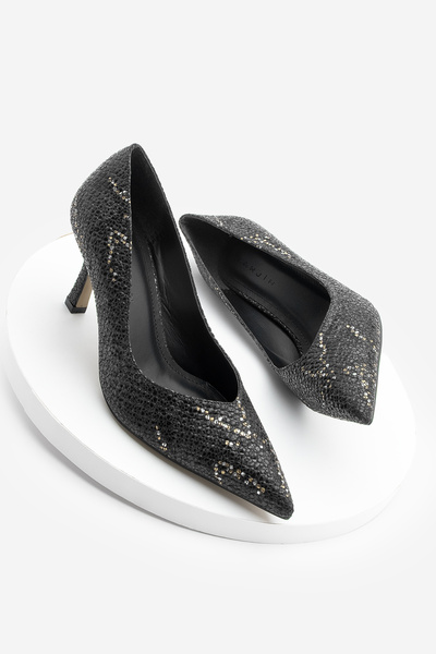 Marjin Women's Stiletto Pointed Toe Snake Pattern Heeled Shoes Tosey Black Snake