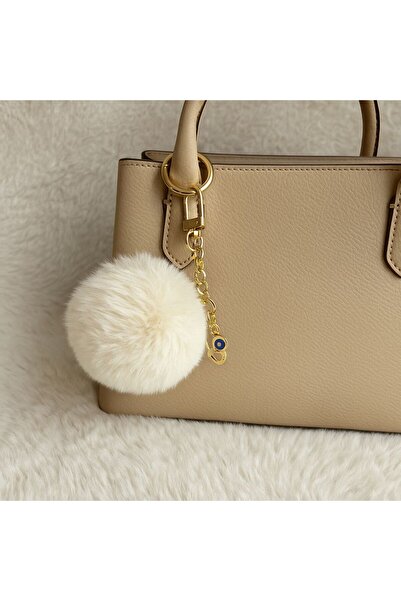 Homeland Peluş Pofuduk Ponpon Puf Krem Tüylü Ev Ofis Araba Telefon Cüzdan Çanta Anahtarlık Gold Aksesuarlı