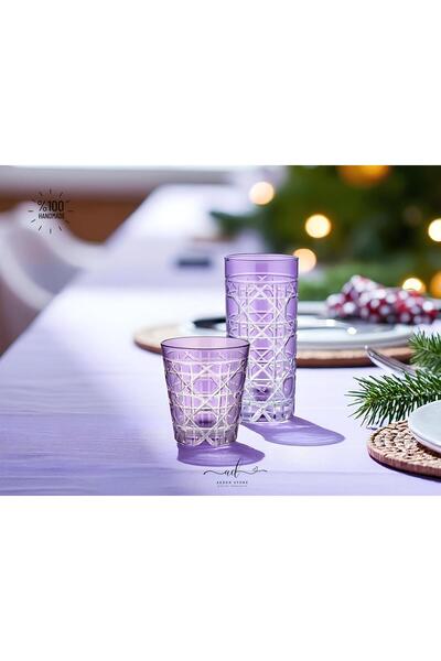 AKDEN STORE Kristal Dekor Renkli Su Bardağı 485ML 6lı Su Bardağı Seti